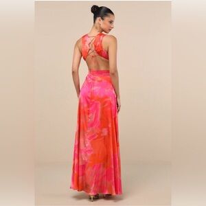 NWT Lulus Pink and Orange Abstract Lace Up Back Maxi Dress Medium